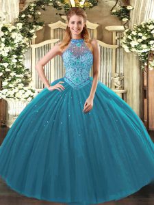 Beautiful Sleeveless Floor Length Beading and Embroidery Lace Up Sweet 16 Quinceanera Dress with Teal