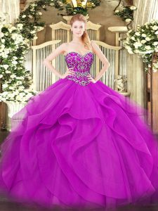 Affordable Fuchsia 15th Birthday Dress Military Ball and Sweet 16 and Quinceanera with Beading and Ruffles Sweetheart Sleeveless Lace Up