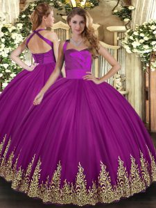 Great Fuchsia Lace Up Halter Top Appliques 15 Quinceanera Dress Tulle Sleeveless