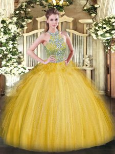 Custom Made Gold Ball Gowns Beading and Ruffles Party Dresses Lace Up Tulle Sleeveless Floor Length