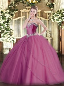Best Lilac Ball Gowns Tulle Sweetheart Sleeveless Beading Lace Up Sweet 16 Dress Brush Train