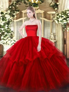 New Style Wine Red Ball Gowns Tulle Strapless Sleeveless Ruffled Layers Zipper Sweet 16 Dress Brush Train
