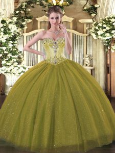 Olive Green Ball Gowns Tulle and Sequined Sweetheart Sleeveless Beading Floor Length Lace Up Quinceanera Gown