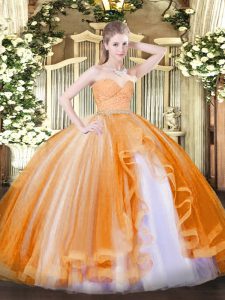 Orange Sweetheart Zipper Beading and Lace and Ruffles Ball Gown Prom Dress Sleeveless