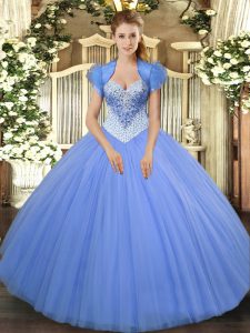 Luxury Baby Blue Lace Up Sweetheart Beading Quince Ball Gowns Tulle Sleeveless