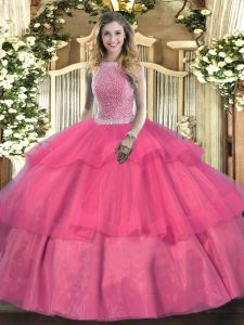 Wonderful Hot Pink Ball Gowns Beading and Ruffled Layers 15 Quinceanera Dress Lace Up Tulle Sleeveless Floor Length