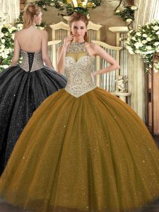 High Quality Brown Ball Gowns Beading 15 Quinceanera Dress Lace Up Tulle Sleeveless Floor Length