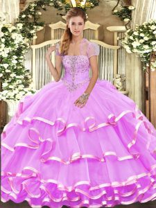 Cute Lilac Sleeveless Appliques and Ruffled Layers Floor Length Sweet 16 Dress