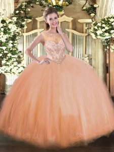 Stylish Floor Length Ball Gowns Sleeveless Peach Quinceanera Dress Lace Up