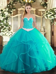 Hot Selling Turquoise Ball Gowns Appliques and Ruffles Quinceanera Dress Lace Up Tulle Sleeveless Floor Length