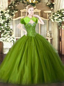 Sleeveless Floor Length Beading Lace Up Quince Ball Gowns with Olive Green