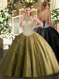 Brown Ball Gowns Tulle Halter Top Sleeveless Beading and Appliques Floor Length Lace Up Quinceanera Gown