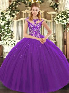 Stylish Eggplant Purple Ball Gowns Tulle Scoop Sleeveless Beading and Appliques Floor Length Lace Up Quinceanera Gown