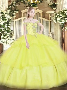 Yellow Sleeveless Floor Length Beading and Ruffled Layers Lace Up Quince Ball Gowns