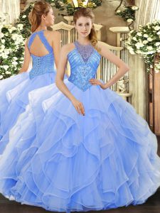 Custom Design Organza High-neck Sleeveless Lace Up Beading and Ruffles Quinceanera Dresses in Light Blue