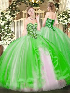 Best Selling Lace Up Sweetheart Beading and Ruffles Ball Gown Prom Dress Tulle Sleeveless