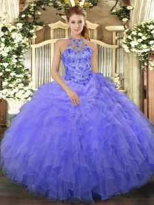 Blue Ball Gowns Halter Top Sleeveless Organza Floor Length Lace Up Beading and Ruffles Sweet 16 Dress