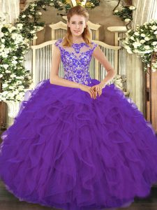 Floor Length Lace Up 15th Birthday Dress Eggplant Purple for Sweet 16 and Quinceanera with Beading and Ruffles