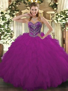Tulle Sweetheart Sleeveless Lace Up Beading and Ruffled Layers 15 Quinceanera Dress in Fuchsia