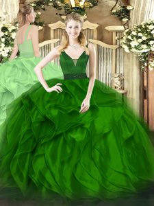 Flare Green Ball Gowns Straps Sleeveless Organza Floor Length Zipper Beading and Ruffles Sweet 16 Dress