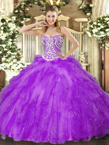 Lavender Ball Gowns Beading and Ruffles Sweet 16 Dress Lace Up Tulle Sleeveless Floor Length