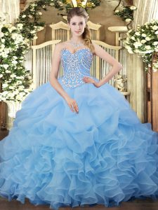 Ball Gowns Ball Gown Prom Dress Aqua Blue Sweetheart Organza Sleeveless Floor Length Lace Up