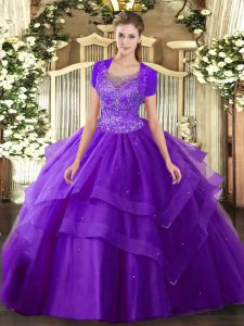 Exceptional Purple Quince Ball Gowns Military Ball and Sweet 16 and Quinceanera with Beading and Ruffles Scoop Sleeveless Clasp Handle