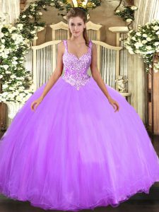 Fashion Lavender Lace Up Sweet 16 Dresses Beading Sleeveless Floor Length