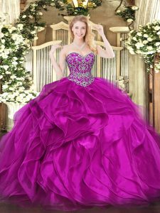 Simple Organza Sweetheart Sleeveless Lace Up Beading and Ruffles 15 Quinceanera Dress in Fuchsia