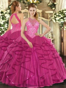 Hot Pink Lace Up High-neck Beading and Ruffles Vestidos de Quinceanera Tulle Sleeveless
