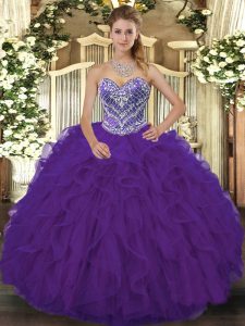 Lace Sweetheart Sleeveless Lace Up Beading and Ruffled Layers Quinceanera Gowns in Purple
