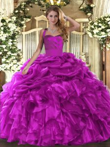 Low Price Fuchsia Sleeveless Floor Length Ruffles and Pick Ups Lace Up Sweet 16 Quinceanera Dress