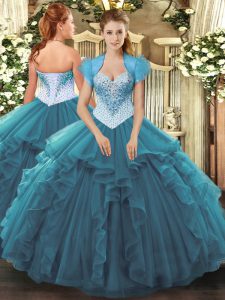 Floor Length Lace Up Sweet 16 Dress Teal for Military Ball and Sweet 16 and Quinceanera with Beading and Ruffles