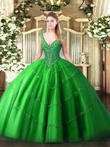 Custom Designed Green Tulle Lace Up Quinceanera Dresses Sleeveless Floor Length Beading and Appliques