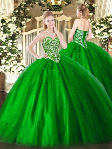 Beautiful Floor Length Green Quinceanera Dress Tulle Sleeveless Beading