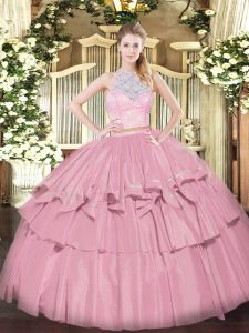 Hot Selling Lace and Ruffled Layers Quinceanera Dresses Baby Pink Zipper Sleeveless Floor Length