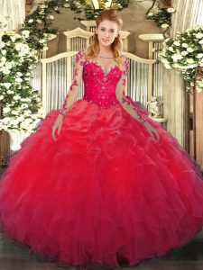 Red Quinceanera Gowns Military Ball and Sweet 16 with Lace and Ruffles Scoop Long Sleeves Lace Up