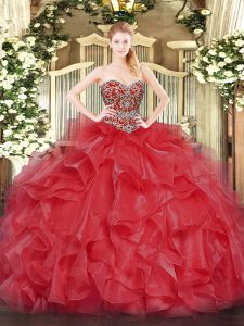 Coral Red Sleeveless Beading Floor Length Quinceanera Gown