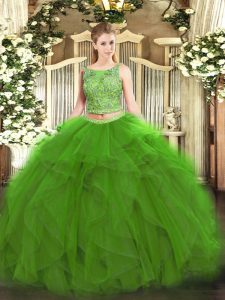 Sleeveless Tulle Floor Length Lace Up Quince Ball Gowns in Green with Beading and Ruffles