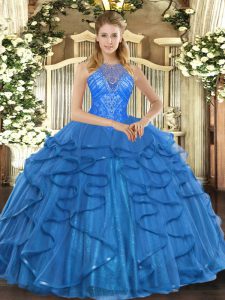 Exquisite Floor Length Teal Quince Ball Gowns High-neck Sleeveless Lace Up