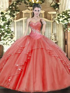 Deluxe Sweetheart Sleeveless Vestidos de Quinceanera Floor Length Beading and Ruffled Layers Coral Red Tulle
