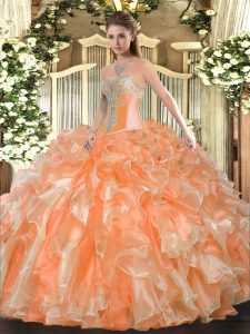 Floor Length Lace Up Party Dress Orange for Military Ball and Sweet 16 and Quinceanera with Beading and Ruffles