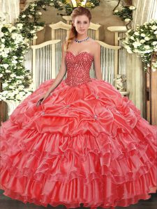 Coral Red Ball Gowns Organza Sweetheart Sleeveless Beading and Ruffles and Pick Ups Floor Length Lace Up Quinceanera Dresses