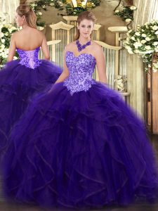 Stunning Purple Ball Gowns Sweetheart Sleeveless Organza Floor Length Lace Up Appliques and Ruffles Quinceanera Dresses