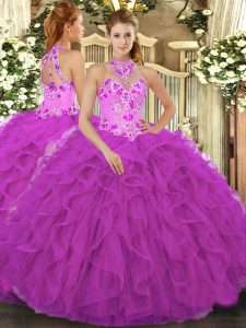 Halter Top Sleeveless Ball Gown Prom Dress Floor Length Beading and Embroidery and Ruffles Fuchsia Organza