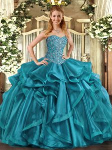 Perfect Floor Length Ball Gowns Sleeveless Teal 15 Quinceanera Dress Lace Up