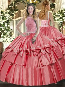 Sleeveless Organza and Taffeta Floor Length Lace Up Quinceanera Dress in Coral Red with Beading and Ruffled Layers