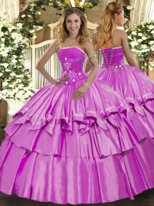 Fitting Lilac Ball Gown Prom Dress Military Ball and Sweet 16 and Quinceanera with Beading and Ruffled Layers Strapless Sleeveless Lace Up