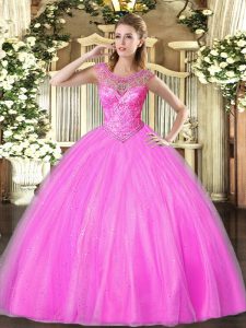 Trendy Lilac Ball Gowns Tulle Scoop Sleeveless Beading Floor Length Lace Up Quinceanera Gowns
