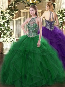 Best Selling Green Sleeveless Beading and Ruffles Floor Length 15th Birthday Dress